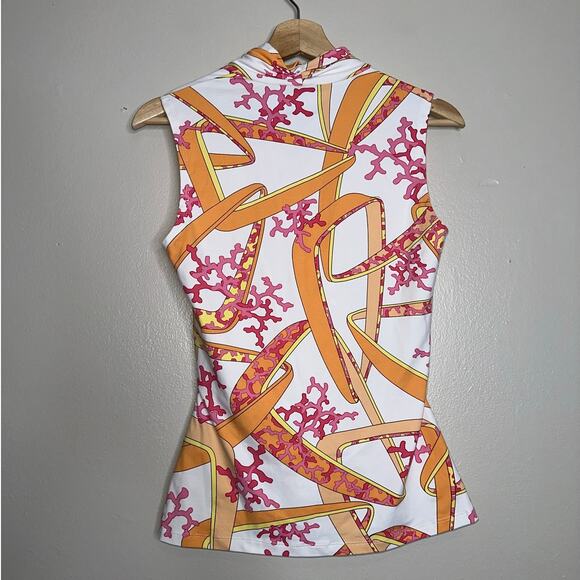 J. McLaughlin Catalina Cloth Cowl Neck Sleeveless Top S Coral Gold White Print - Picture 5 of 5